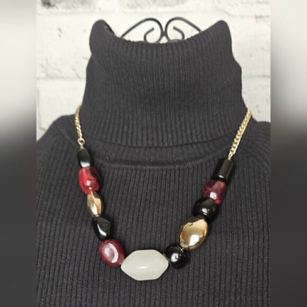 Chunky Red Black Gold Beaded Statement Necklace w/ Gold Tone Chain